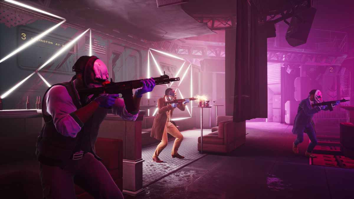 Heisters opening fire in a room filled with pink neon lights