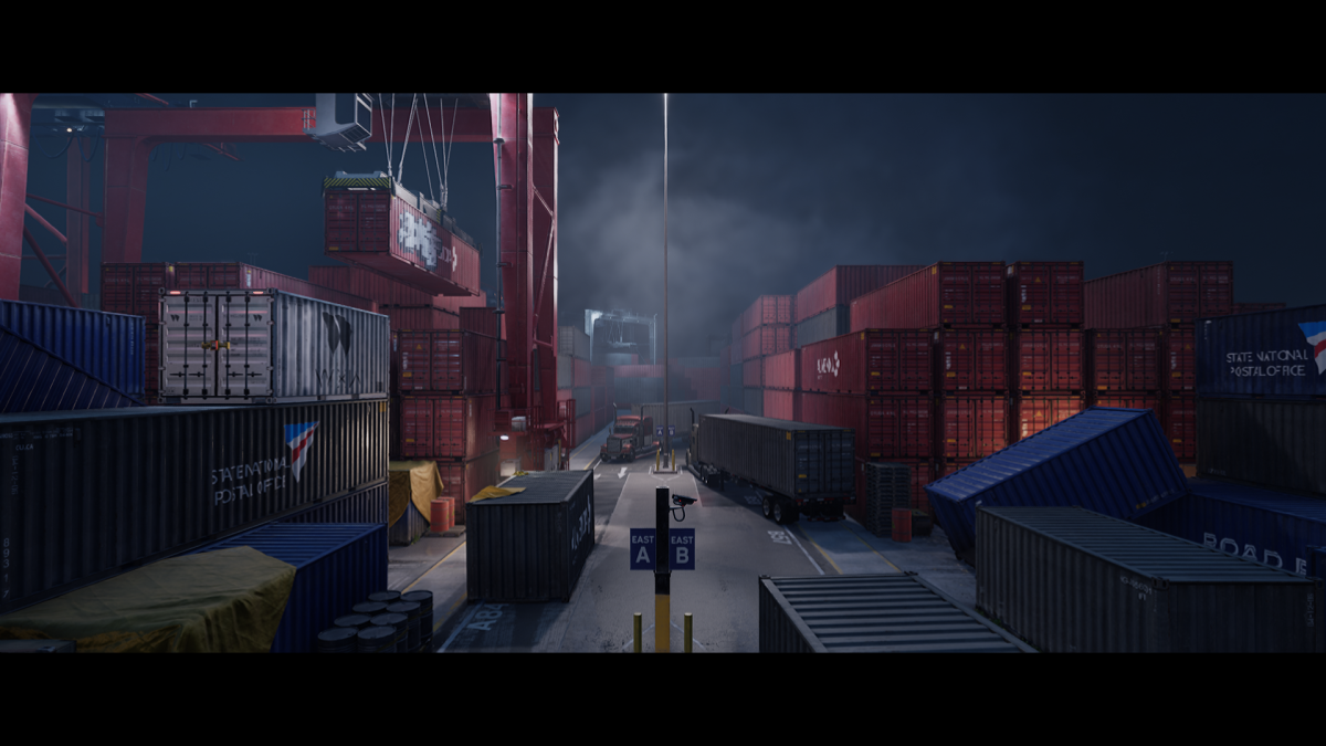 Displays the container shipping yard in 99 Boxes (Payday 3).