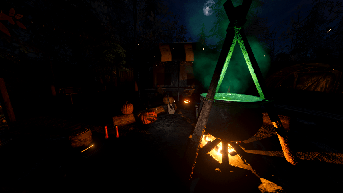 A cauldron boiling with green liquid and pumpkins sitting on the ground behind it all under a full moon.