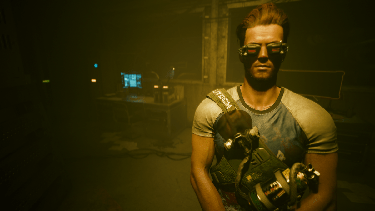 V wearing welder goggles and a cyberpack in Cyberpunk 2077.