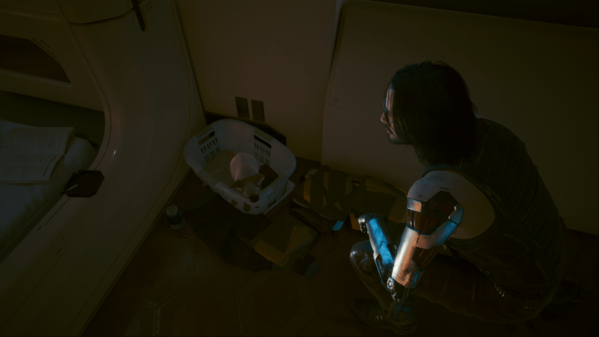 Johnny Silverhand kneeling down next to a cat in a laundry basket in V's apartment (Cyberpunk 2077).