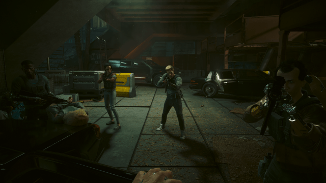 Nele being handcuffed by Biotechnica agents on the hood of a car in Cyberpunk 2077