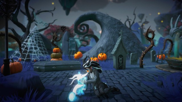 The player dressed as Jack Skellington petting a Zero fox companion in front of a Nightmare Before Christmas themed scenery.