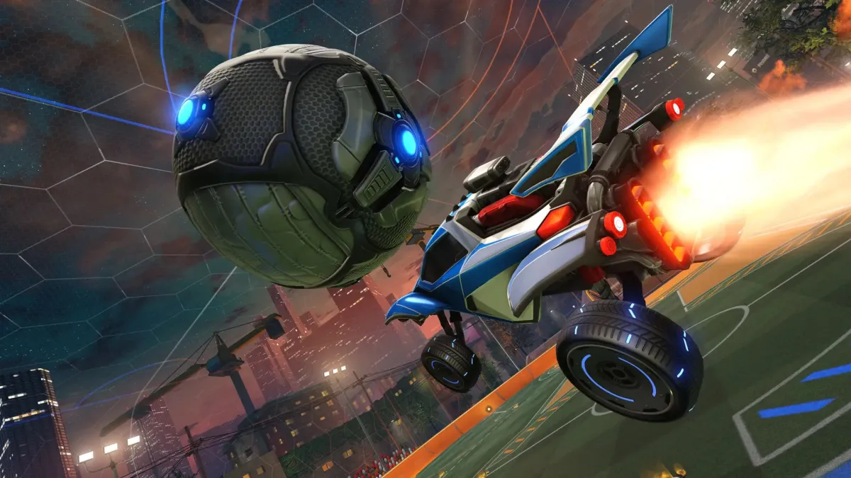 A Rocket League car flying to hit the ball.