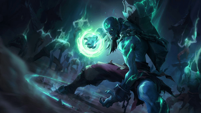 Ryze from League of Legends zombie skin. He has glowing eyes and scars across his body, conjuring a green spell in his right hand.