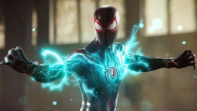 Miles Morales as Spider-Man with an electrical current showing along his suit.
