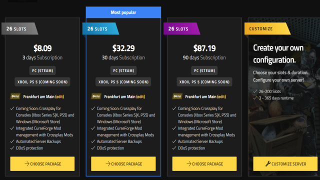 A screenshot of prices for dedicated Ark: Survival Ascended servers from Nitrado.