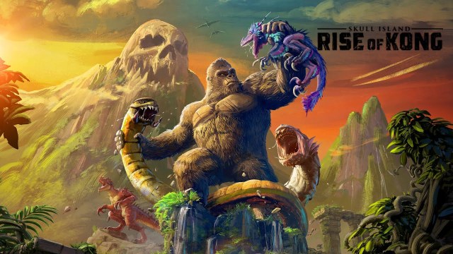 King Kong, a giant and scarred gorilla, holds a mutated snake in one hand and a little, feathered dinosaur in the other. A mountain behind them is dominated by a skull-shaped rock formation.