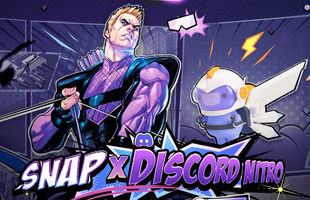 A screenshot of the Marvel Snap Discord Nitro web page, featuring Hawkeye and Discord mascot Wumpus.