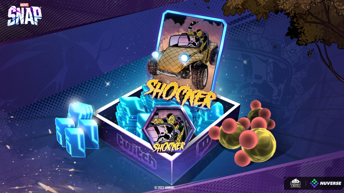 Art for Marvel Snap's Oct. 2023 Twitch drops featuring Shocker, Credits, and Boosters.