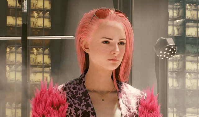 A pink-haired woman in Cyberpunk 2077.