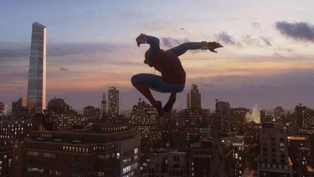 A screenshot of Peter Parker in the Spider-Man Homecoming Homemade suit, flying in the air of NYC.