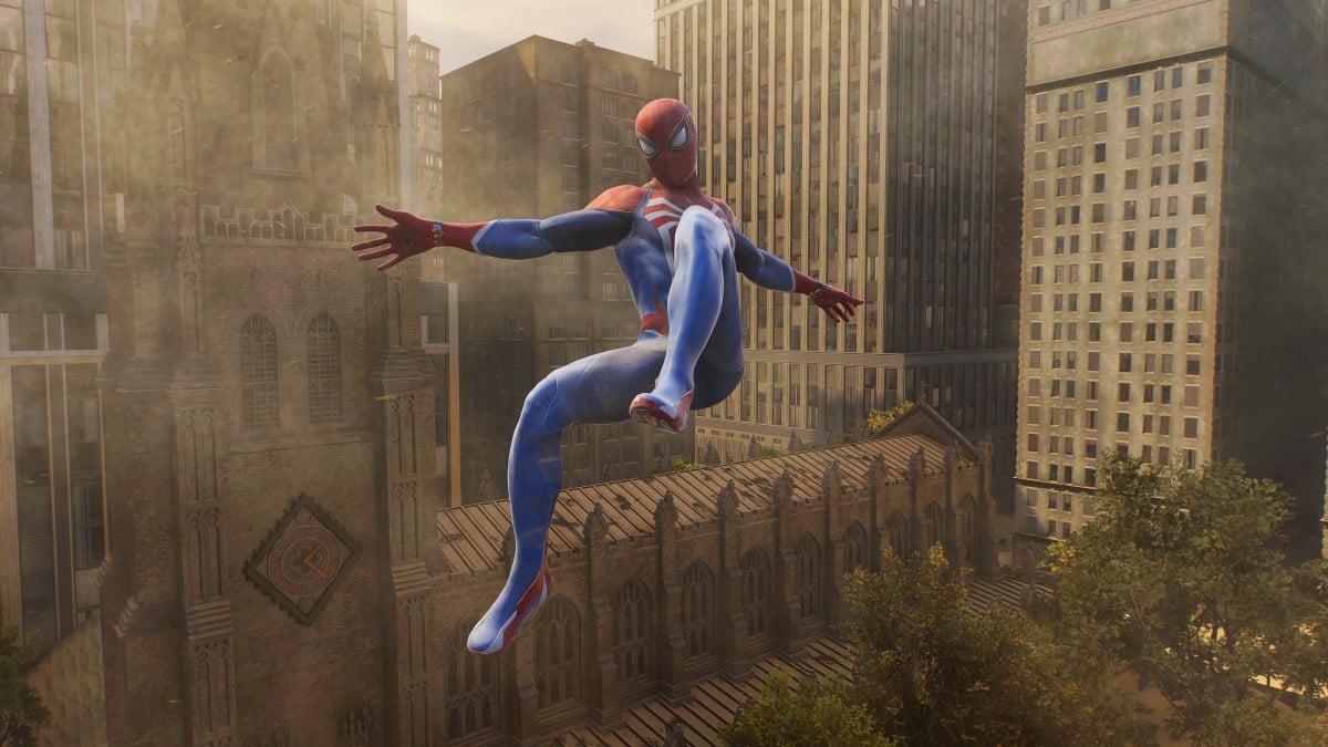 Peter Parker Spider-Man doing air tricks in Marvel's Spider-Man 2