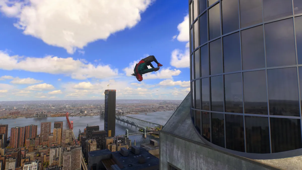 Spider-Man 2 jump off of a roof