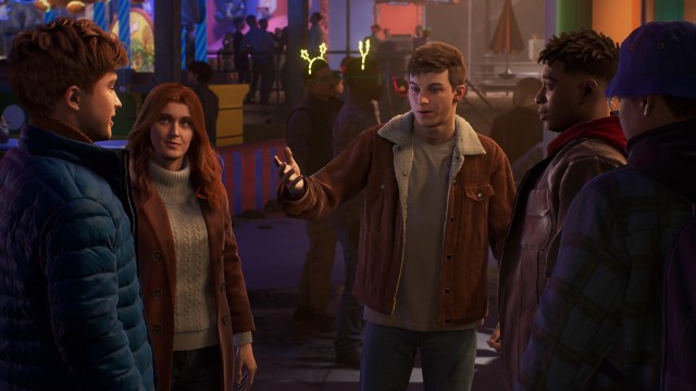 Harry Osborn, Mary Jane Watson, Peter Parker, Miles Morales, and Ganke Lee meeting up at Coney Island.