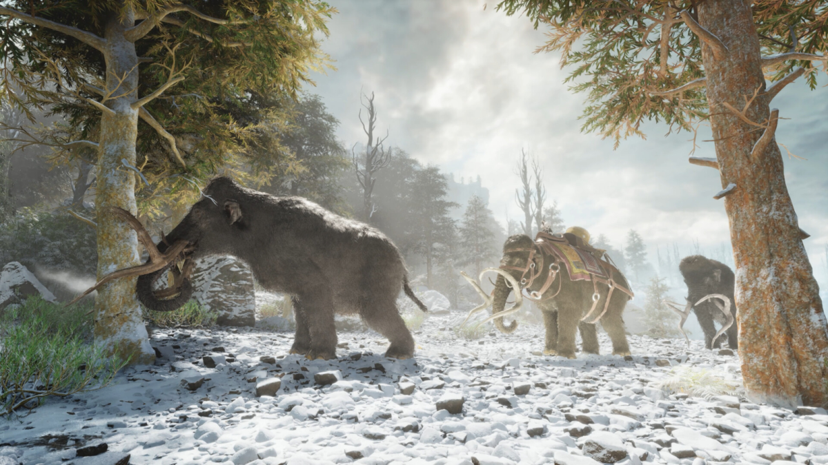 A group of mammoths in a snowy environment in Ark: Survival Ascended.