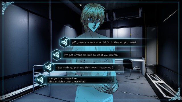 A dialogue selection screen in Gods of the Twilight, showing a flirt option.