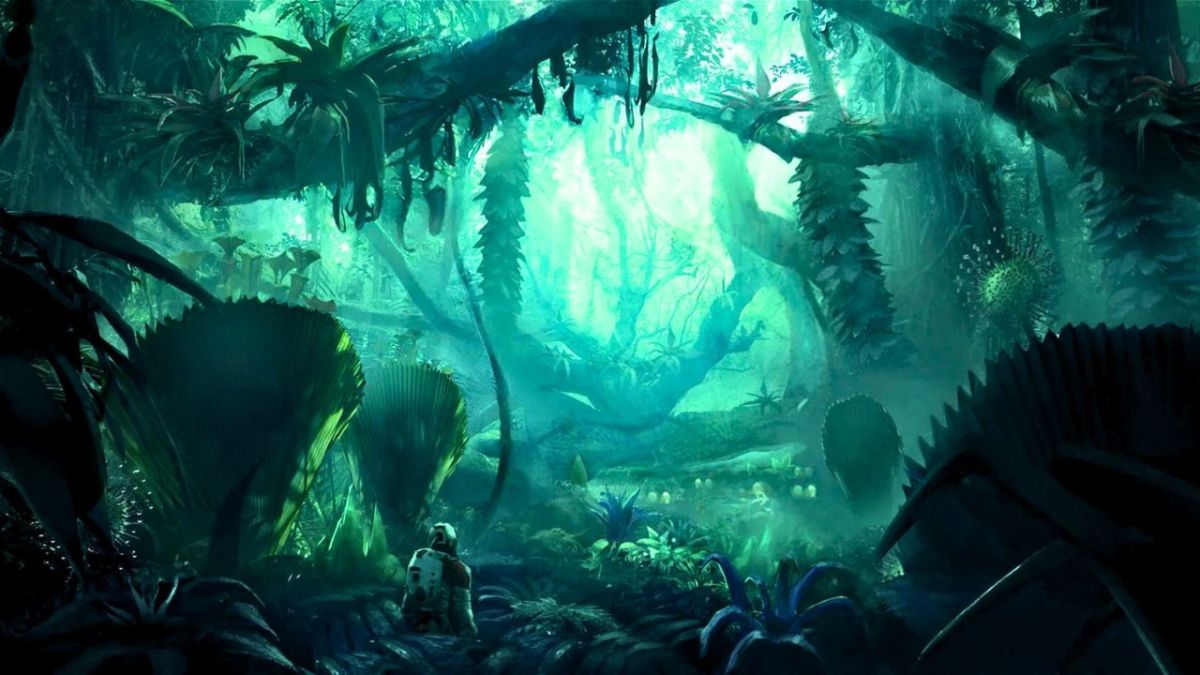 A green lit jungle on a planet in starfield with an astronaut