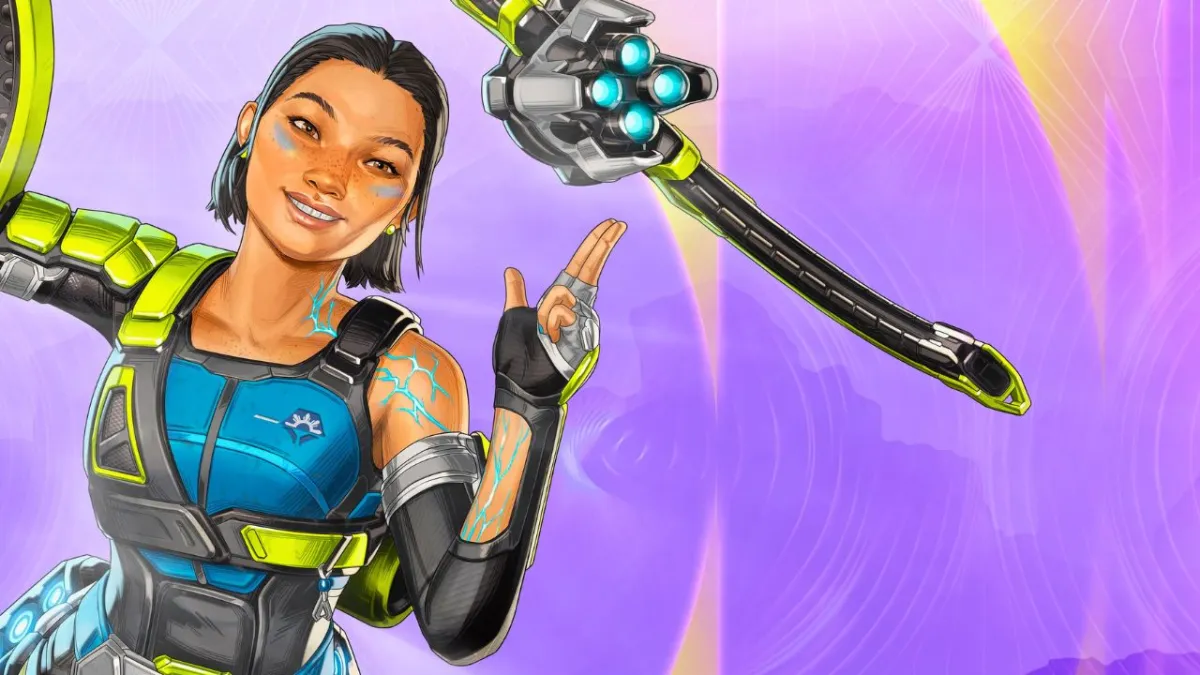 Conduit in yellow and grey clothing with a flying device in Apex Legends