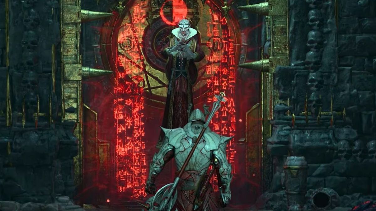 A soldier standing in front of a vampire in Diablo 4