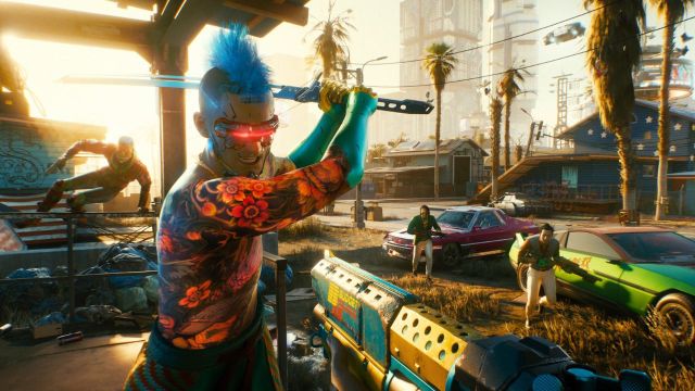 A man with a colorful mohwak wielding a sword on a busy street in Cyberpunk