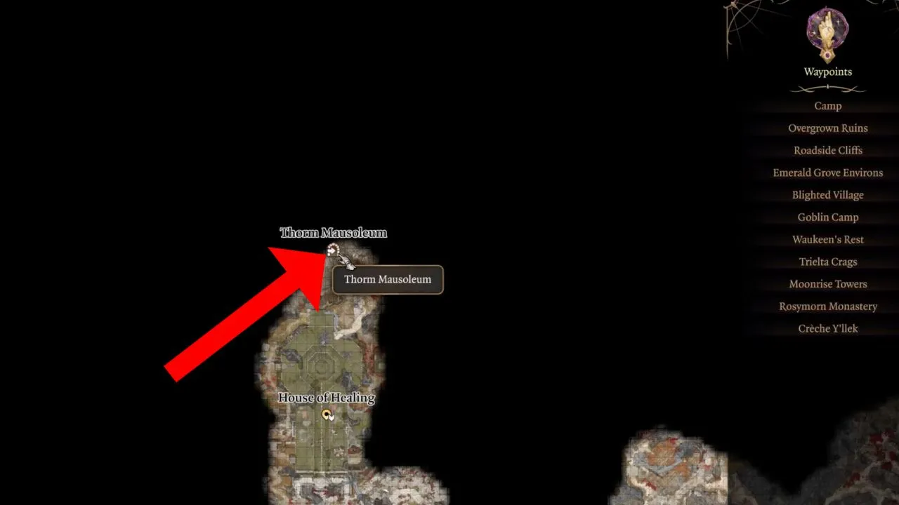 Red arrow pointing to the location of the Thorm Mausoleum in BG3