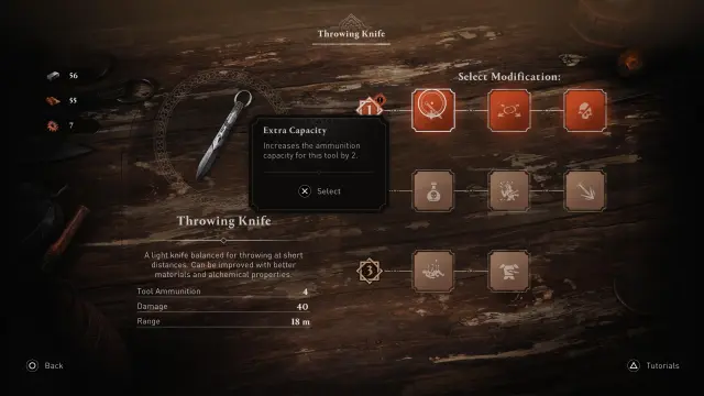 The tool upgrades for the Throwing Knife in Assassin's Creed Mirage.