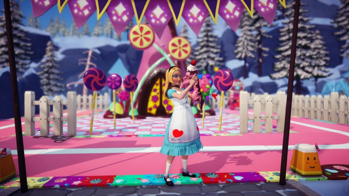 A player dressed in a Touch of Magic item holding a candy crocodile while standing in front of candy-themed Touch of Magic items.