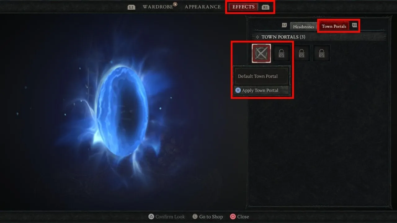 Red boxes outlining effects, and portal section in wardrobe in Diablo 4