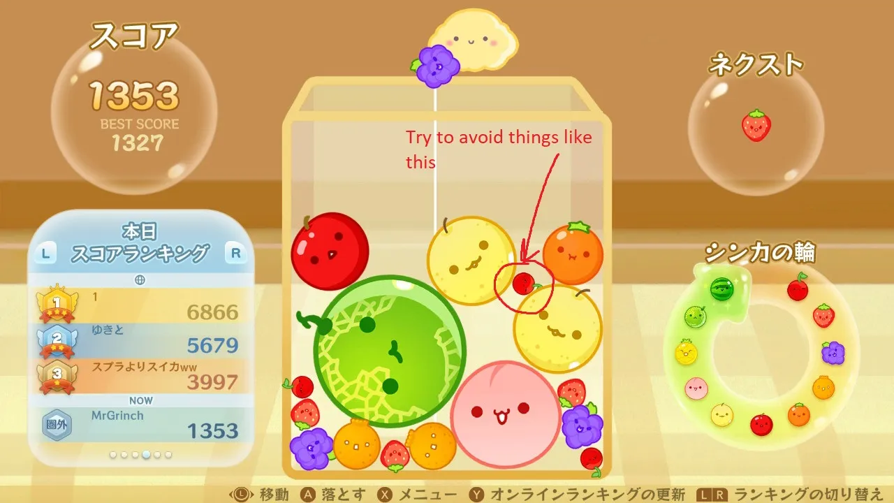 Showing how a small fruit can get in the way of merging in Suika Game