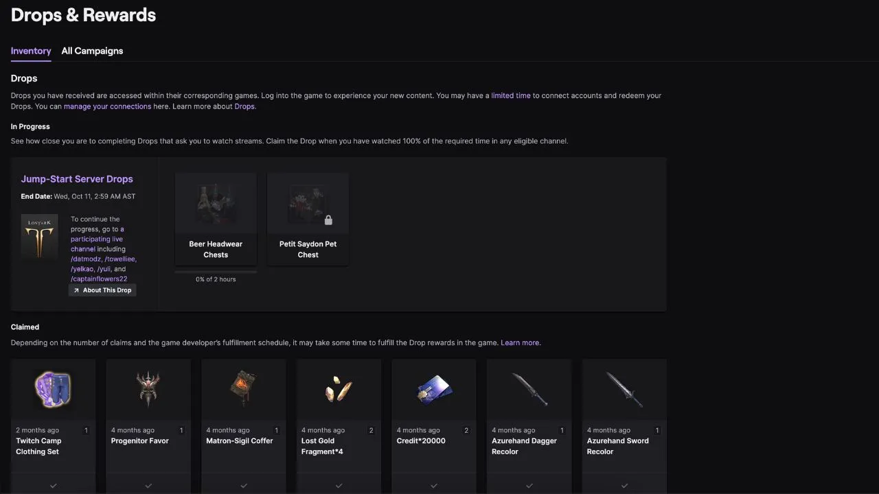 The Twitch Drops inventory page with items