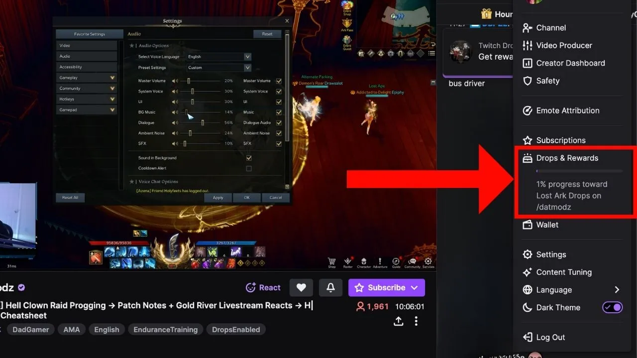 A red arrow and box showing the Drops and Rewards menu option on Twitch
