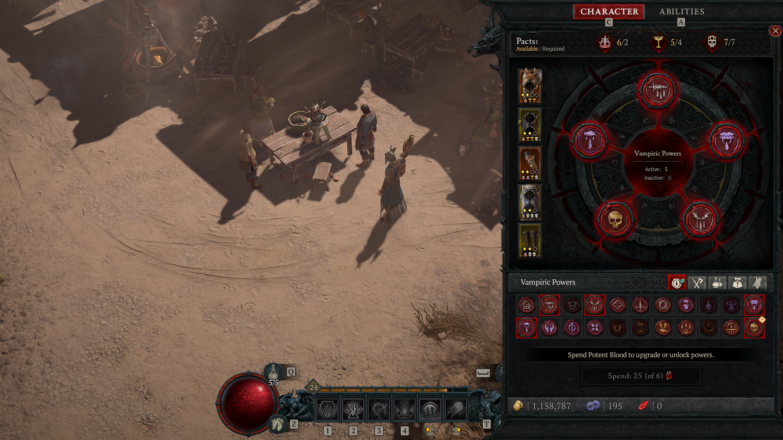 The Vampiric Powers menu in Diablo 4 showing all five powers equipped and active.