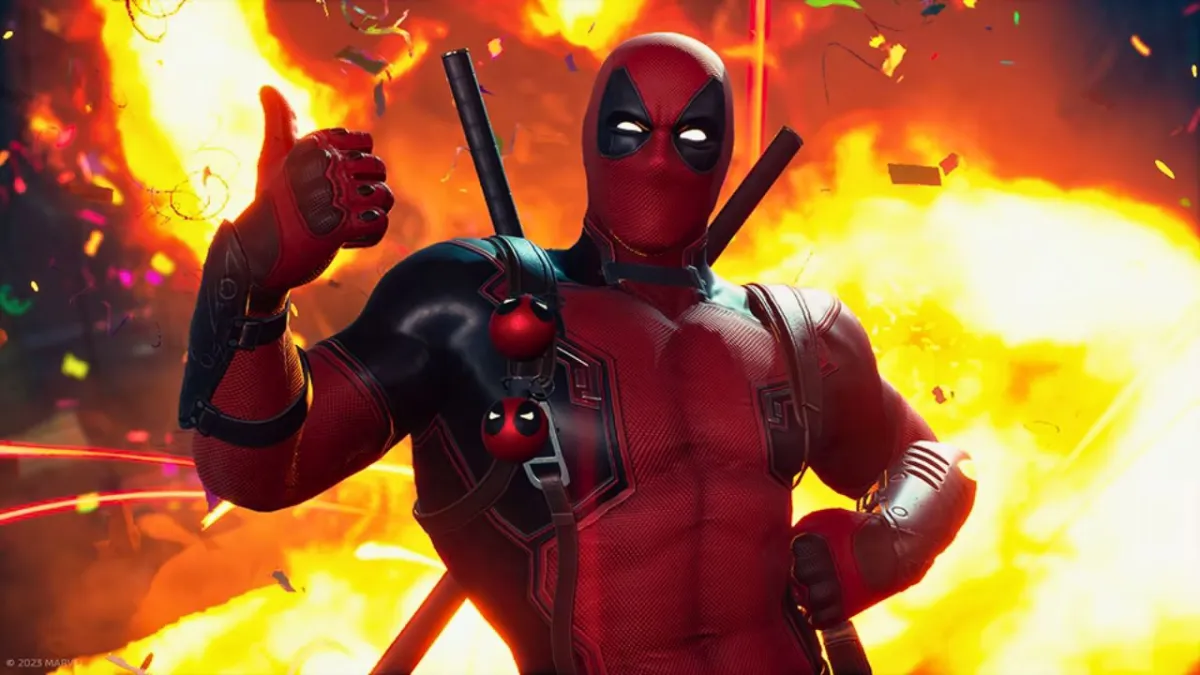 Deadpool giving the thumbs up with fire in the background in Marvel's Midnight Suns