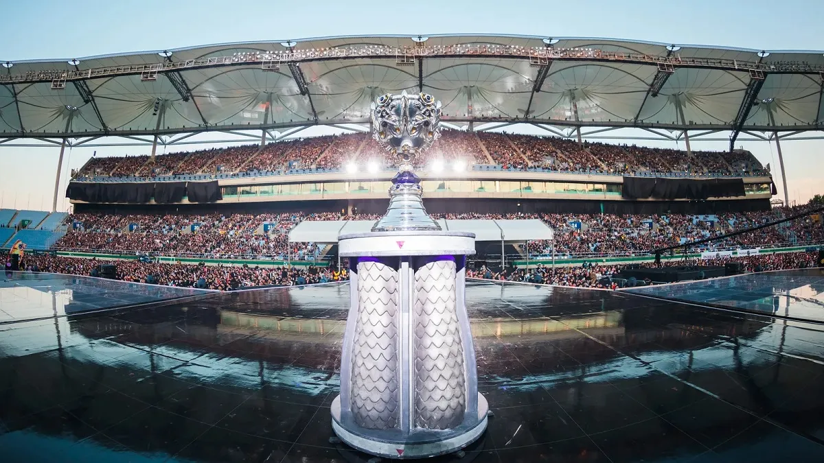 The League of Legends Worlds trophy.