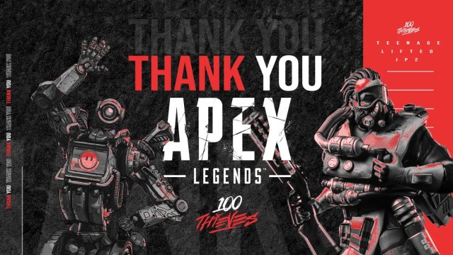 100 Thieves release graphic, stating "Thank you Apex Legends", and celebrating their first competitive roster of JP2, Lifted, and Teenage.