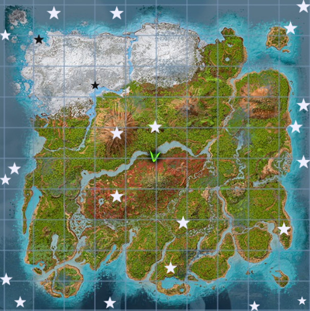 A screenshot of the map in Ark: Survival Ascended showing the locations of caves.