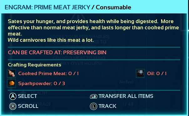 A screenshot of the Prime Meat Jerky Engram in Ark: Survival Ascended.