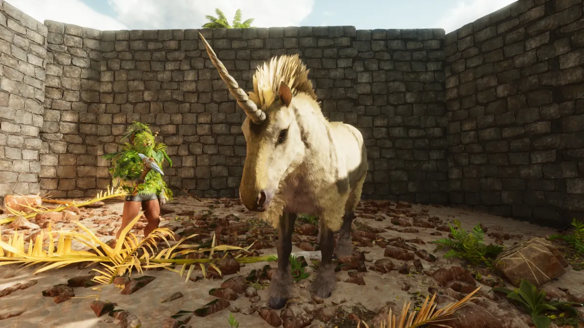 A Survivor stood alongside a tamed Unicorn in Ark: Survival Ascended.