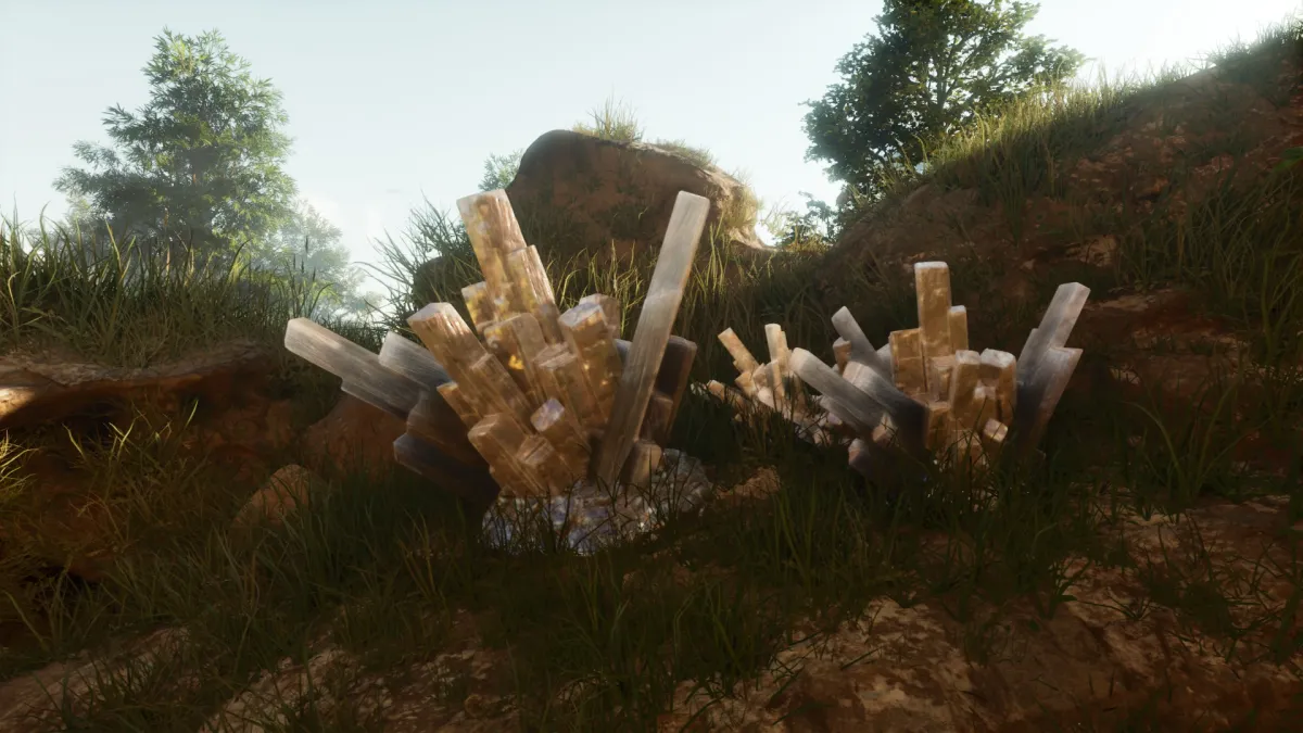 Crystal deposits in Ark: Survival Ascended shown atop a mountain.