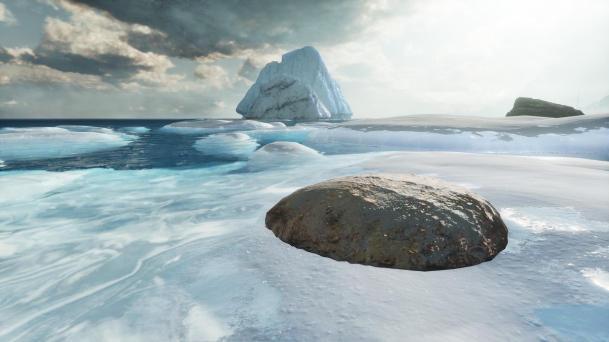 A clam holding Silica Pearls on top of a frozen beach in Ark: Survival Ascended.