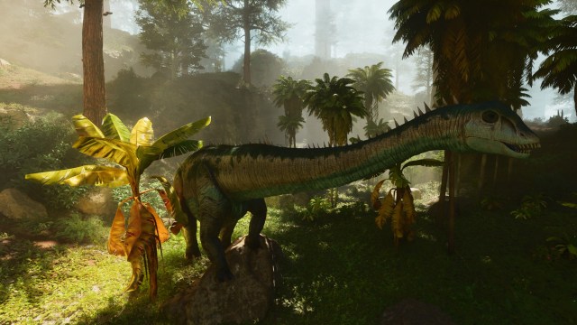 A Diplodocus walking beneath Redwood trees in Ark: Survival Ascended.