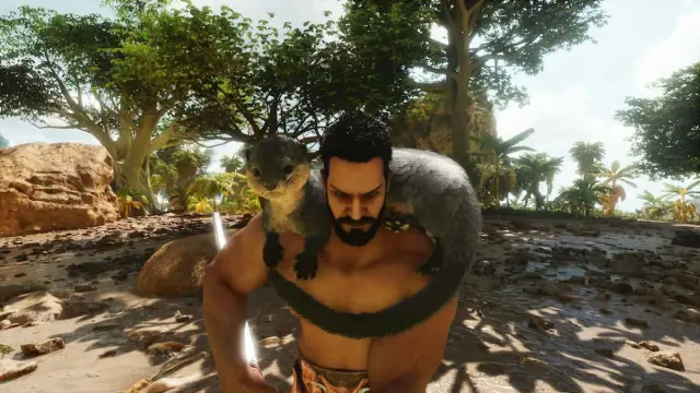 A Survivor in Ark: Survival Ascended with an Otter on their shoulders.