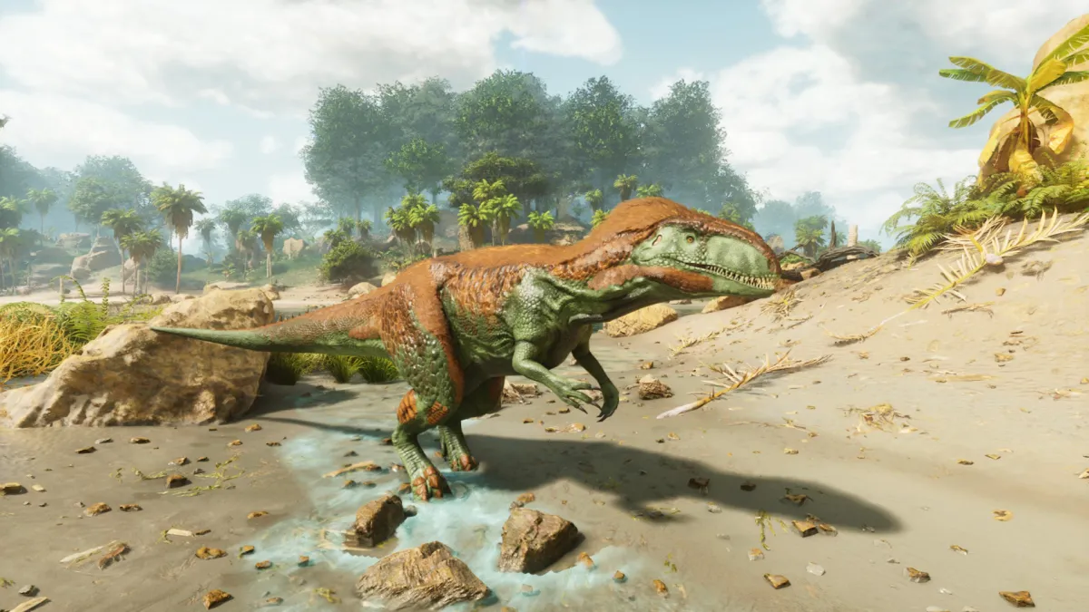 A Megalosaurus wandering on the beach in Ark: Survival Ascended.