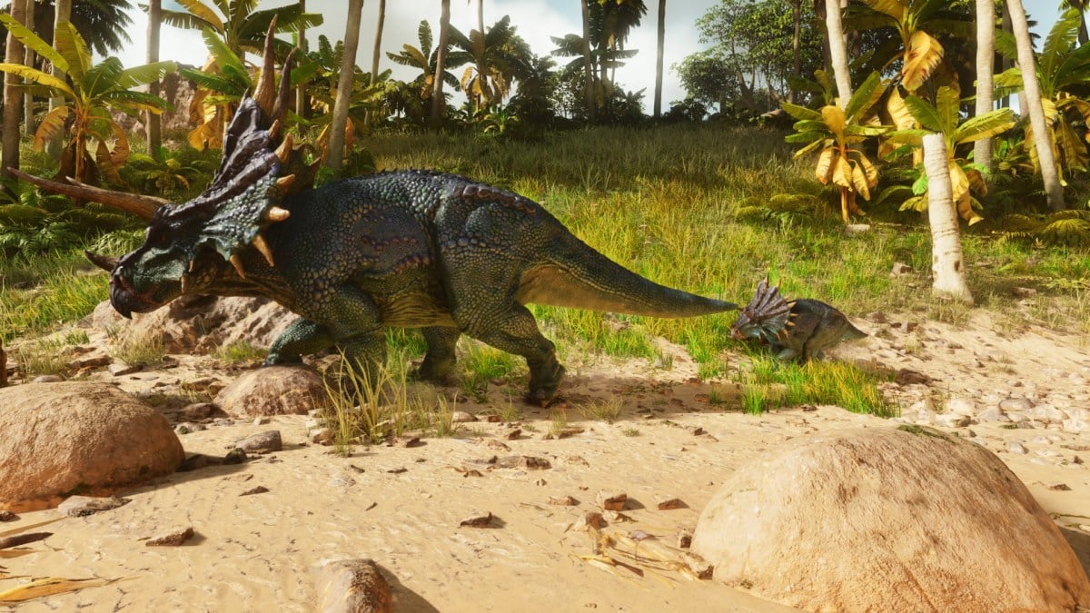 A baby Triceratops following its parent in Ark: Survival Ascended.