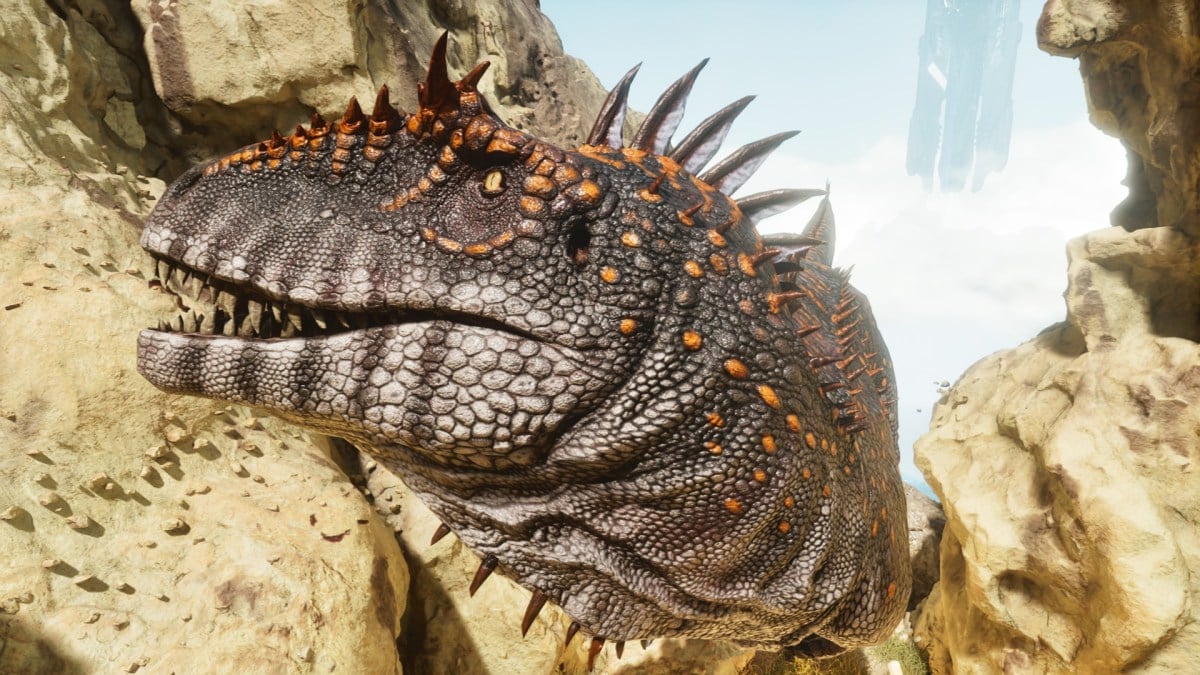 A close-up shot of a Giganotosaurus in Ark: Survival Ascended.