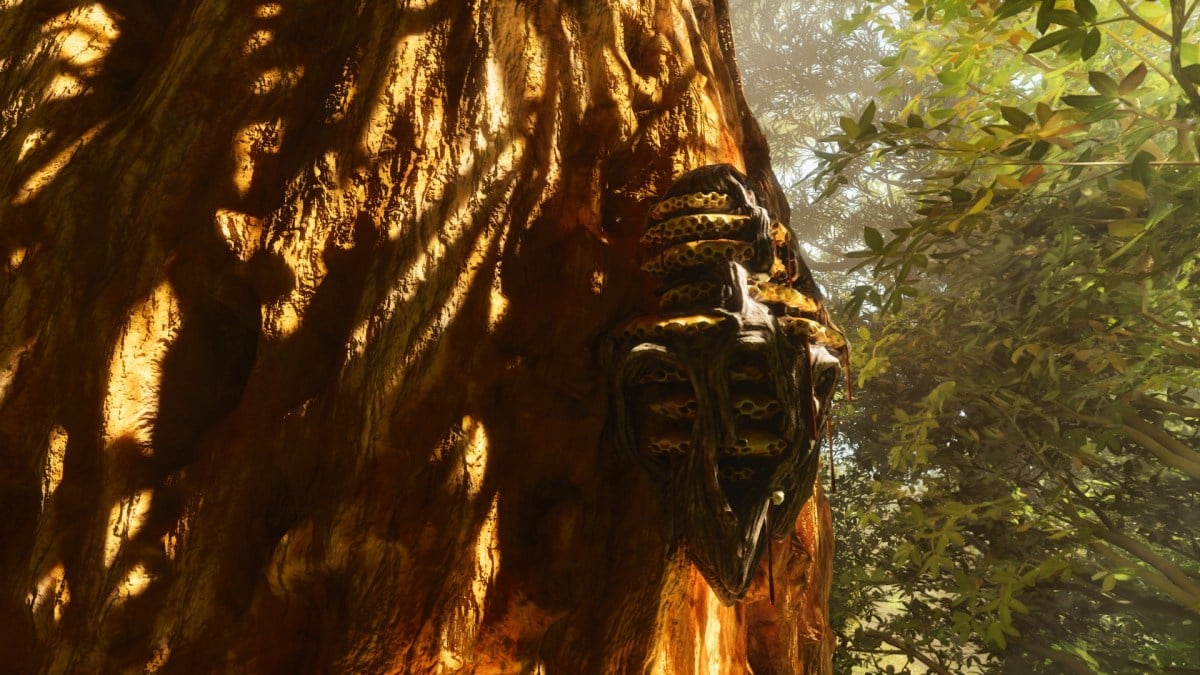 A Giant Beehive on the side of a Redwood Tree in Ark: Survival Ascended.