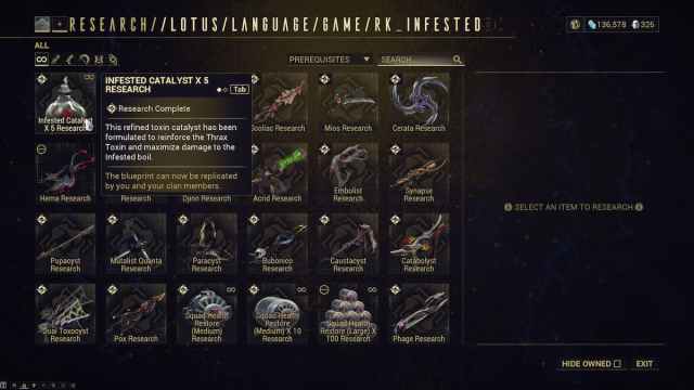 Clan Dojo Research Lab showing all the items that players can buy