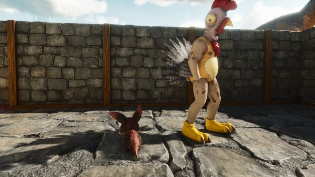 A player in Ark: Survival Ascended dressed as a turkey with a chibi.