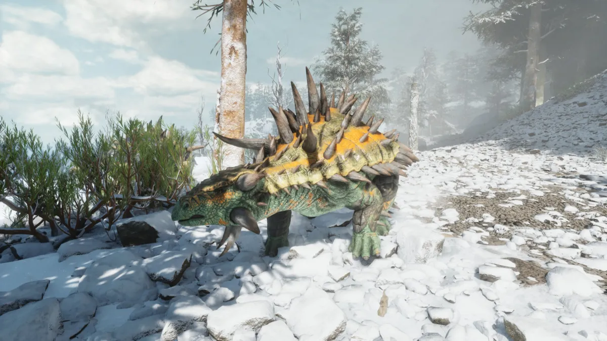 An Anklyosaurus in the snow in Ark: Survival Ascended.